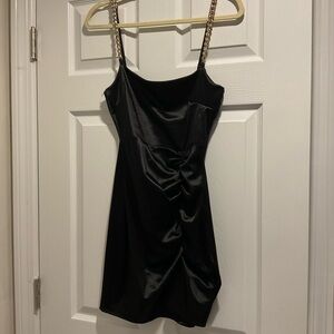 Windsor Black Satin Mini Dress with Gold Chain Straps
